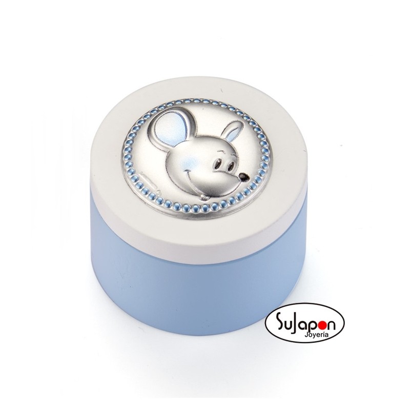 Cajita de madera con aplicación de plata con ratoncito en azul y blanco.