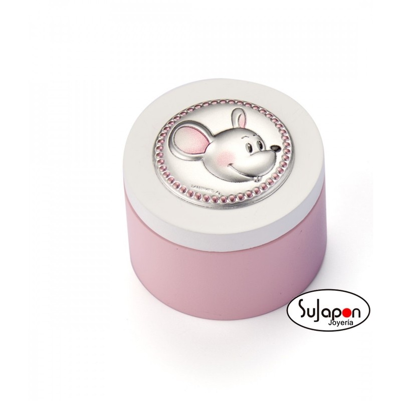 Cajita de madera con aplicación de plata con ratoncito en rosa y blanco.