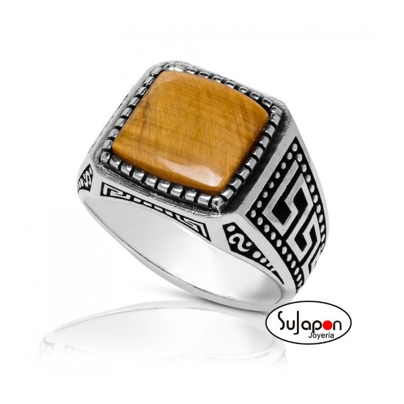 ANILLO TIPO SELLO CON OJO DE TIGRE DE PLATA DE LEY
