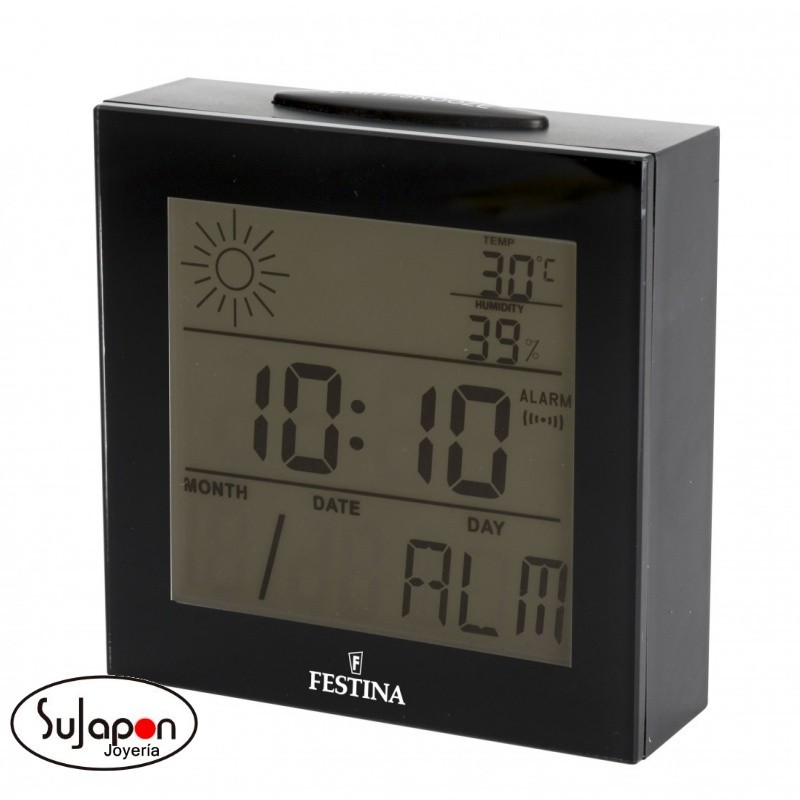 Despertador digital Festina con temperatura y humedad y previsión tiempo.