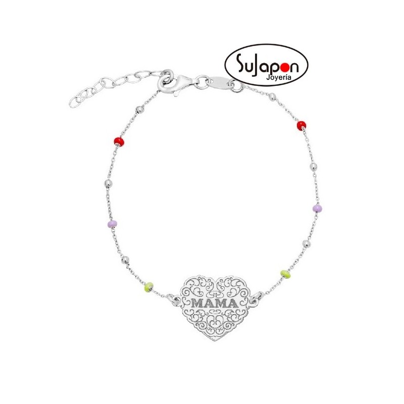 PULSERA PLATA Y BOLAS CON CORAZÓN"MAMÁ"