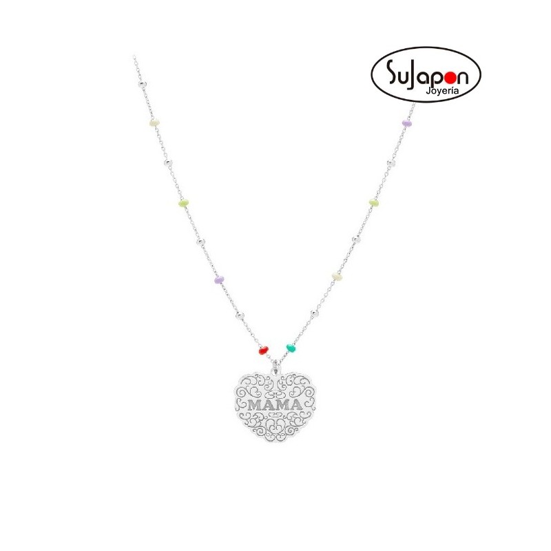 GARGANTILLA PLATA Y BOLAS CORAZÓN "MAMÁ"