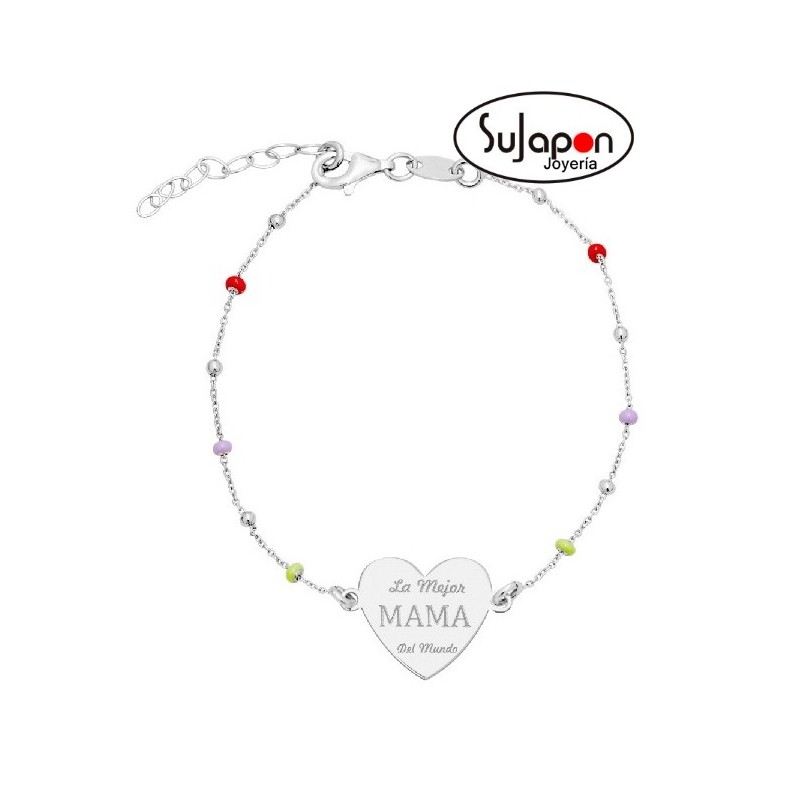PULSERA PLATA Y BOLAS CON CORAZÓN"LA MEJOR MAMÁ DEL MULDO"