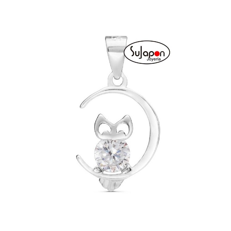 COLGANTE DE PLATA LUNA CON BÚHO
