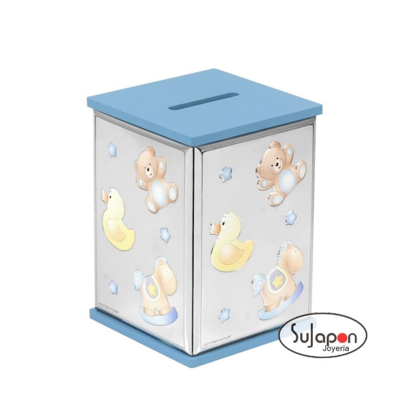 HUCHA INFANTIL DE PLATA CON MUÑECOS ESMALTADOS A COLOR